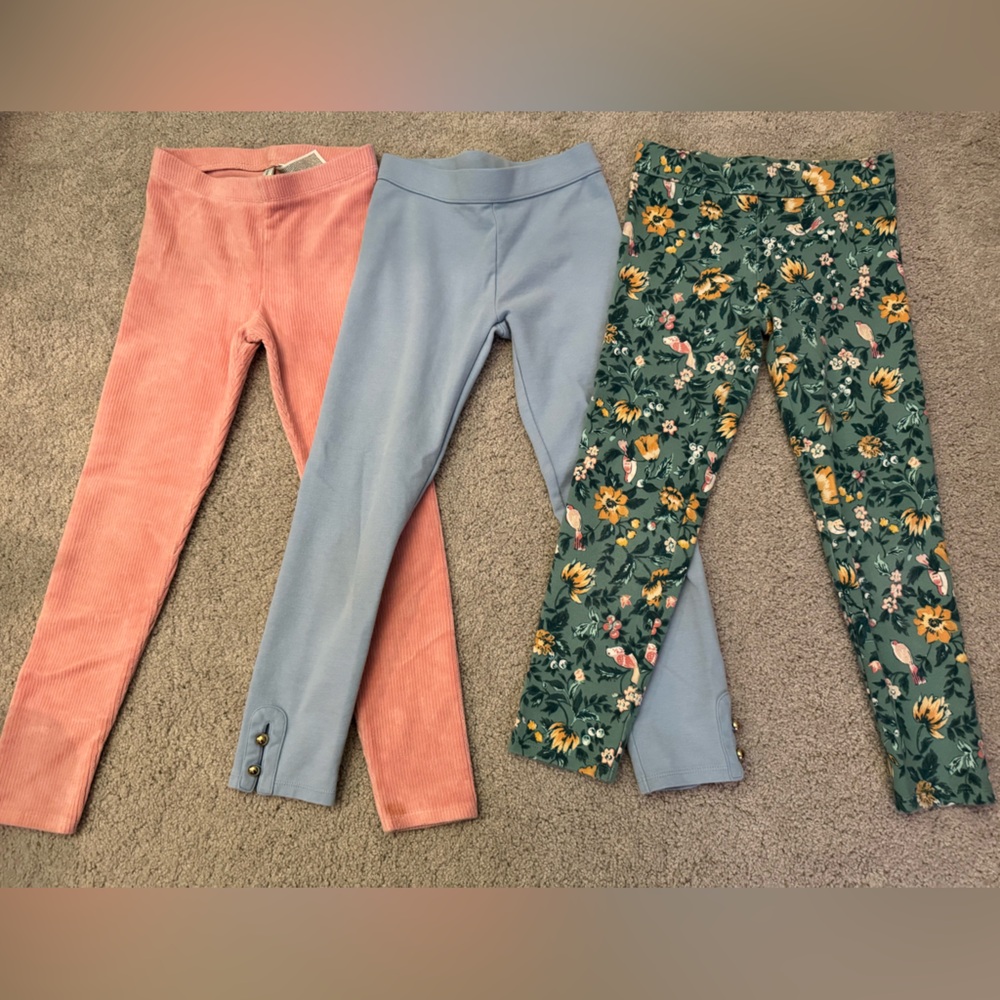 Three pairs of Janie and Jack pant leggings, blue, pink, green floral, size 7